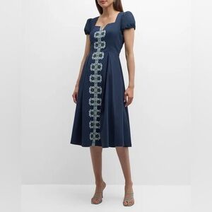 Elie Tahari The Faye Pleated Floral-Embroidered Midi Dress
